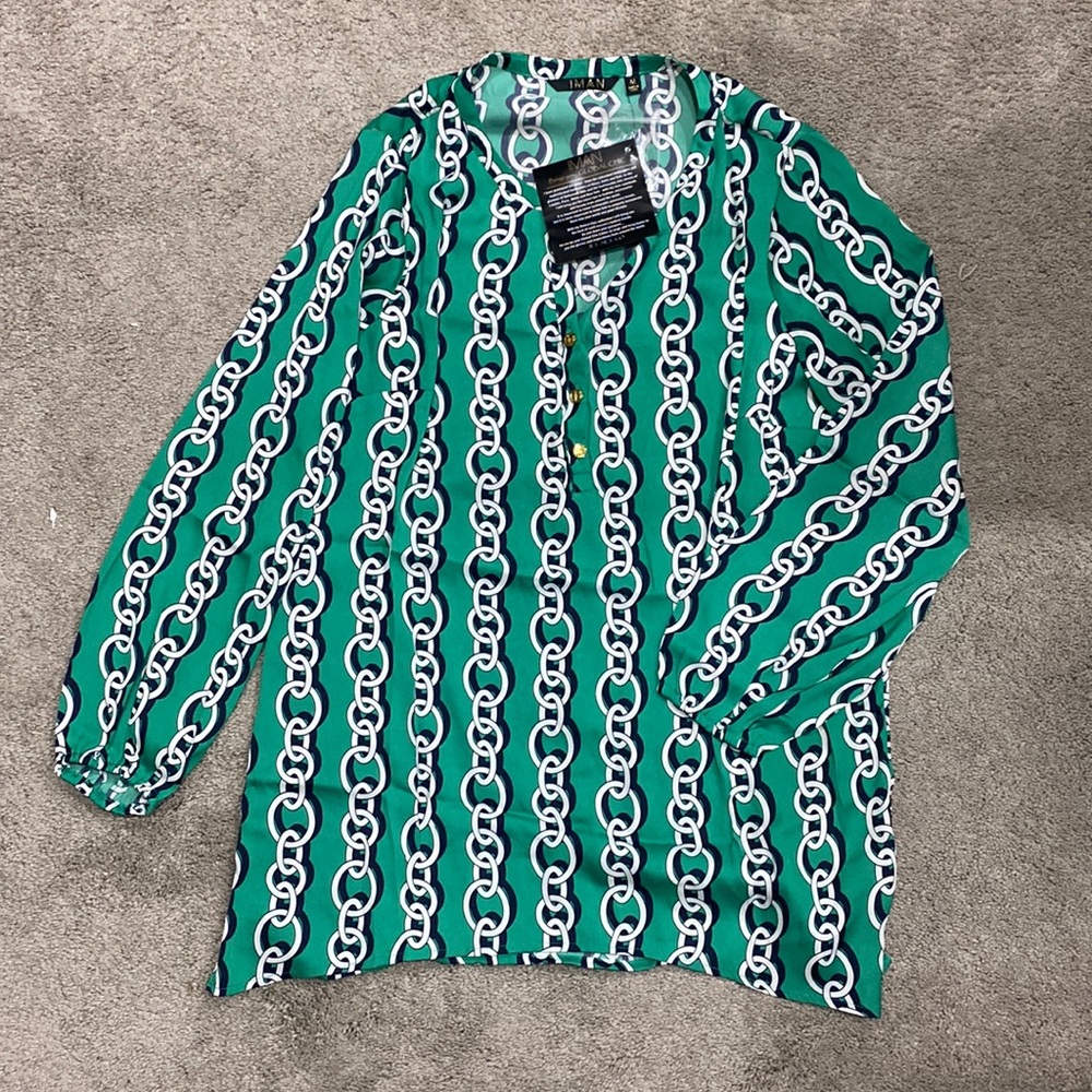 IMAN green chain printed long sleeve top